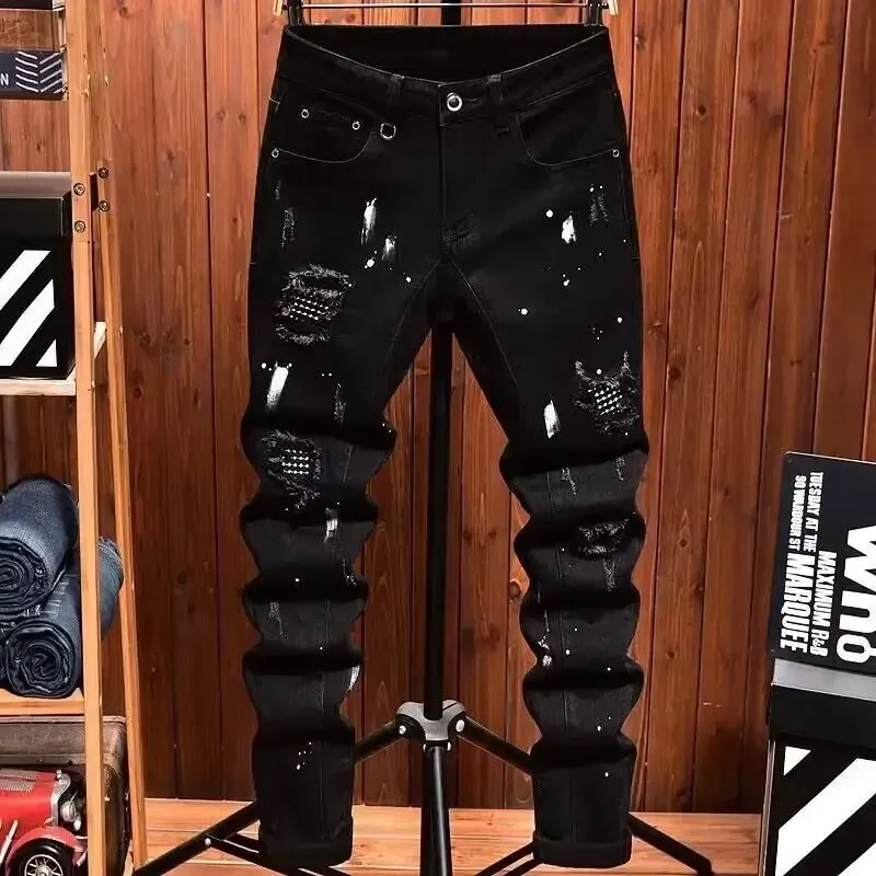Trendy Brand European Light Luxury Jeans For Men Autumn/winter Style Slimming Holes Scratching Denim Pants Youth Small Feet