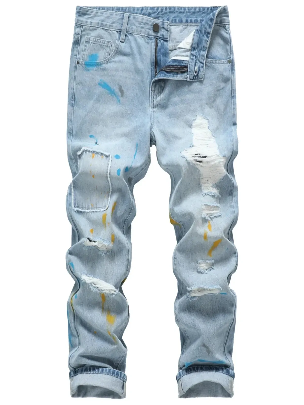 Men's Slim Fit Slashed and Ripped Denim Pants Jeans with Stylish Paint-Causal Fashion Street Style