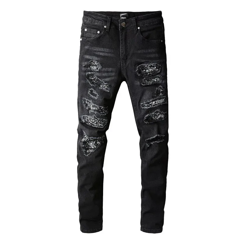 Men's Black Distressed Holes Paisley Bandanna Patchwork Skinny Stretch Ripped Jeans Men