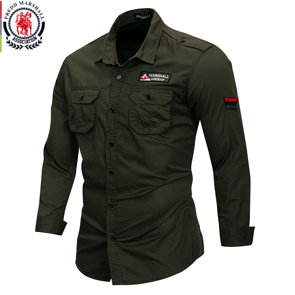 Fredd Marshall 2023 New 100% Cotton Military Shirt Men Long Sleeve Casual Dress Shirt Male Cargo Work Shirts With Embroidery 115