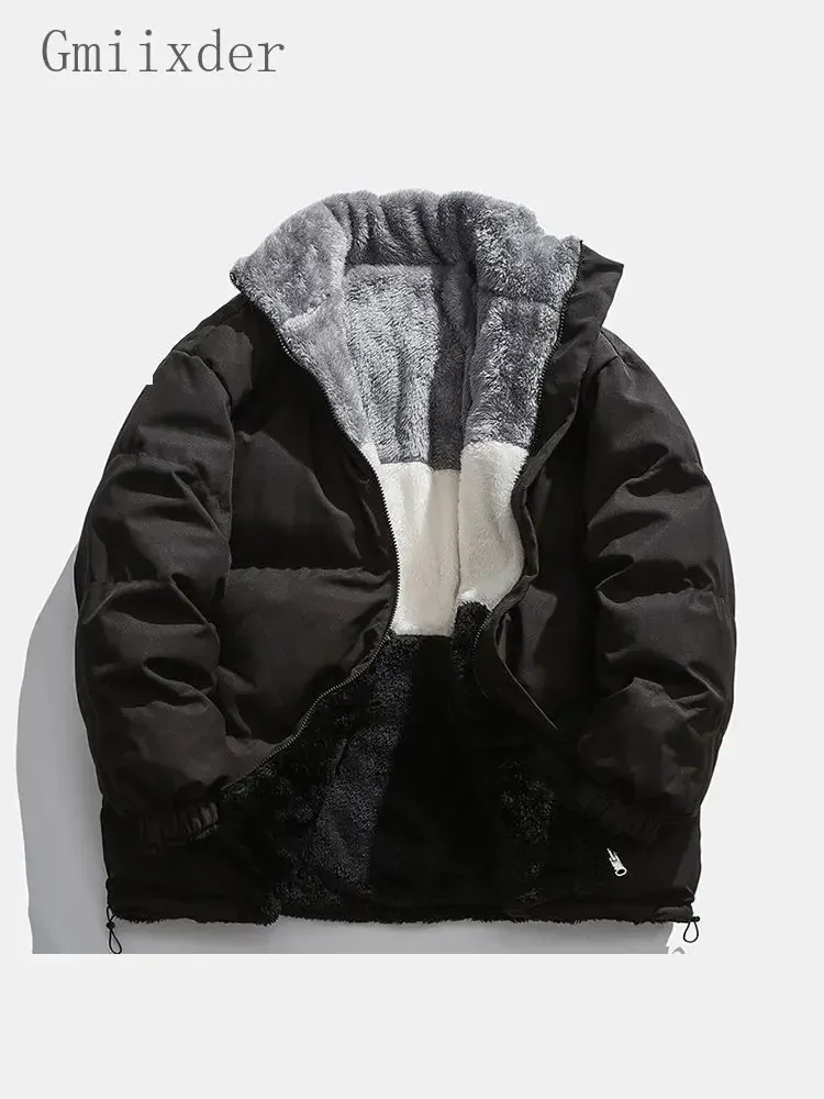 Gmiixder Two-sided Wear Padded Jacket Men Women Winter Stand Collar Preppy Handsome Thickened Coat Unisex Lambswool Down Jacket