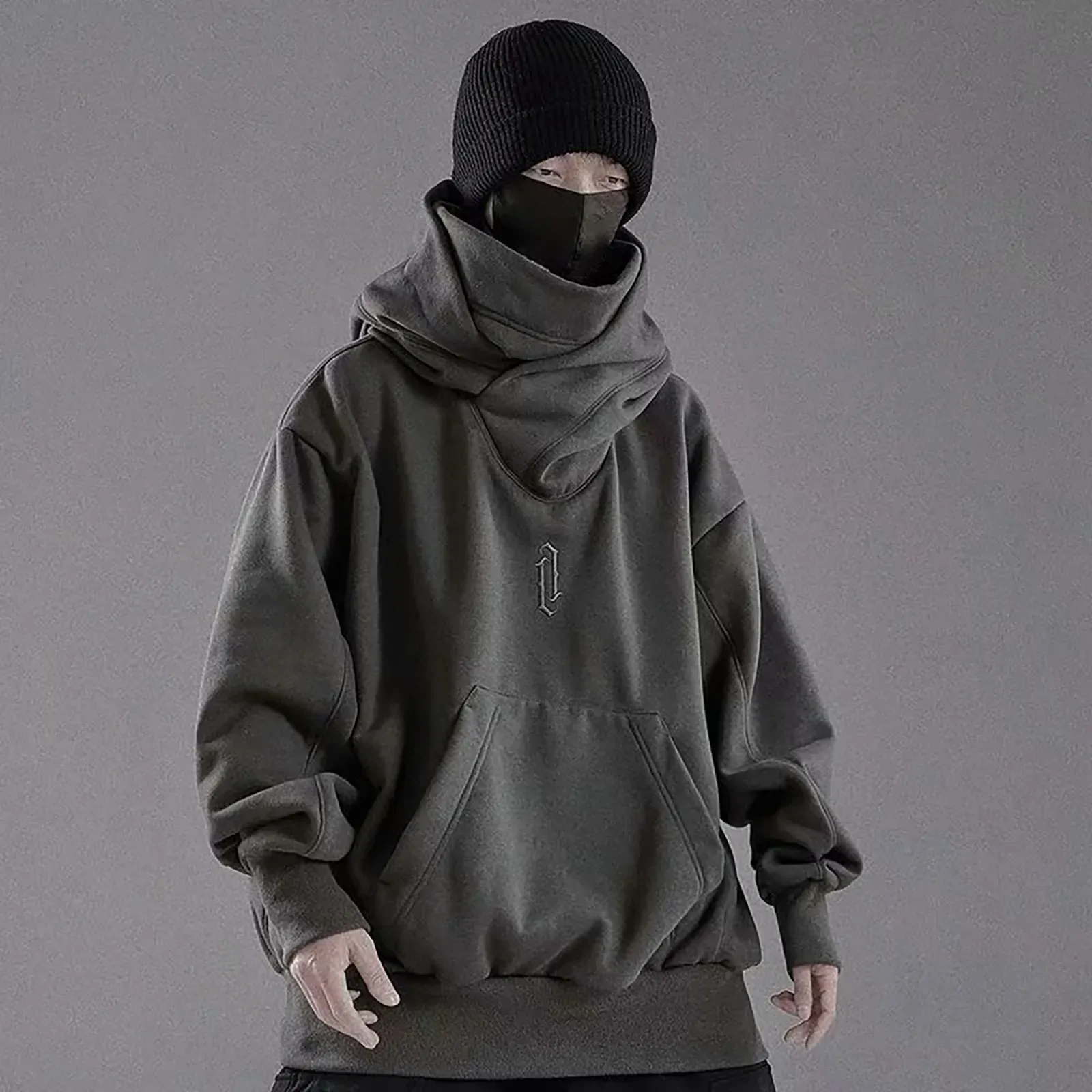 Fleece Sweatshirt For Men Male Ninja Style Japanese Hoodie Autumn Winter Warm Turtleneck Loose Hoodie Punk Oversize Pullover Top