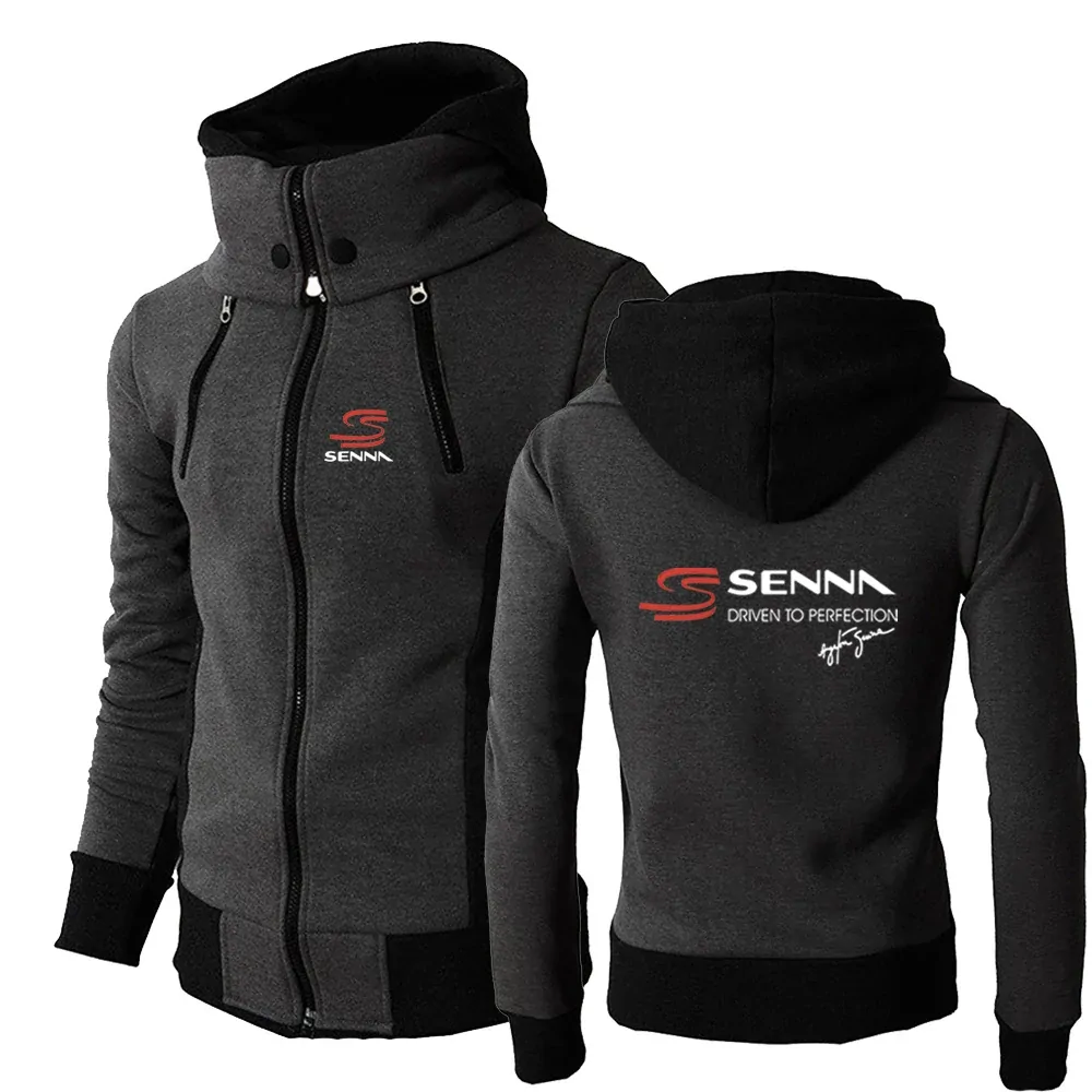 2024 Spring Autumn Men's Ayrton Senna Logo Print Fashion Solid Color Popular Sports Turtleneck Zip Casual Trendy Hooded Hoodies