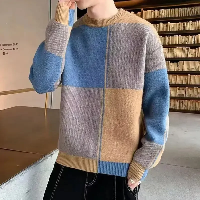 Thickened Round Neck Sweater For Men Autumn/winter Color Block Trendy Student Knitted Top