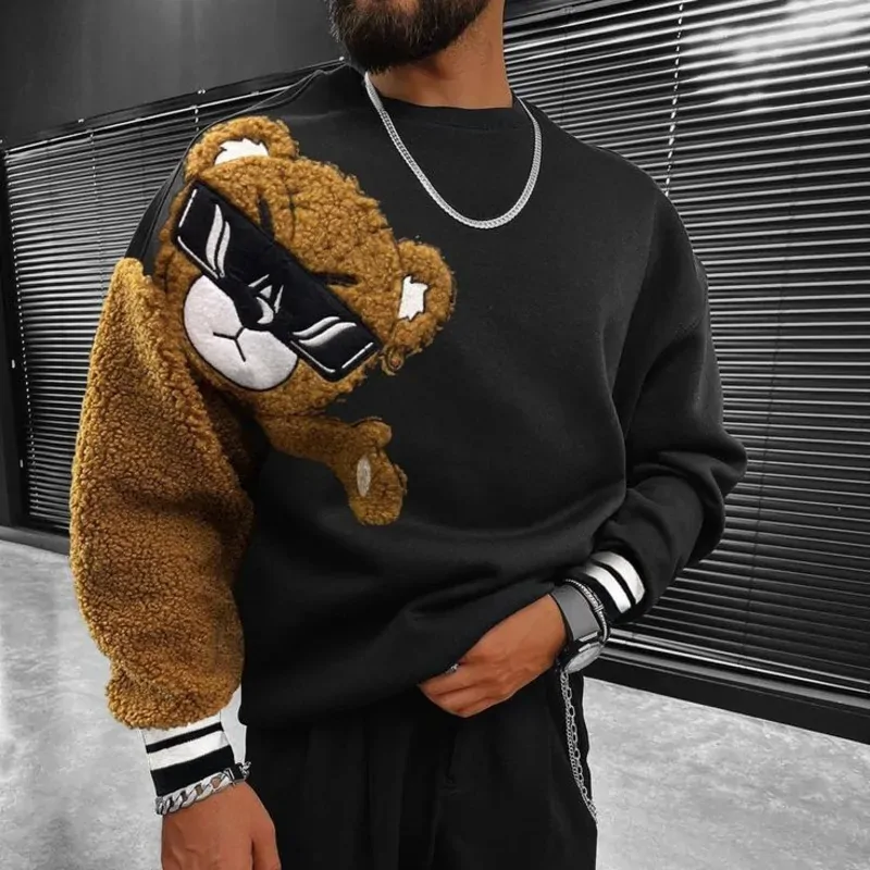New Men's Hoodie Digital Little Bear Printing Casual Fashion Trend Round Neck Hoodie Long Sleeved Men's Pullover Hoodie