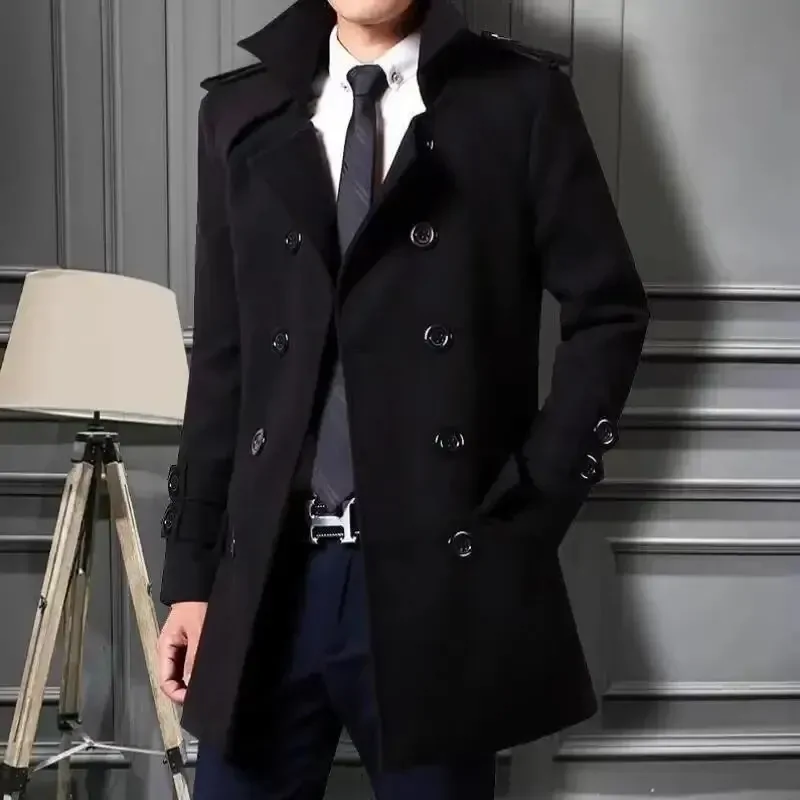 Winter Woolen Overcoat Medium-length Fleece-lined Thickened Double-breasted Trendy Men's Coat For Autumn/winter Season