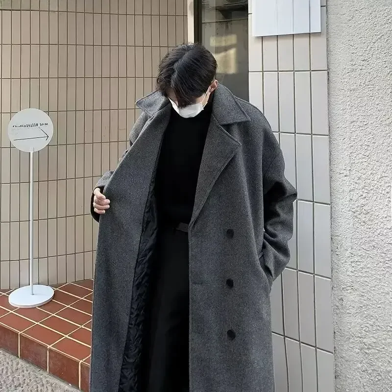 Winter Thickened Woolen Overcoat Men's High-end Feel Medium-length Double-breasted Woolen Jacket Trendy Style
