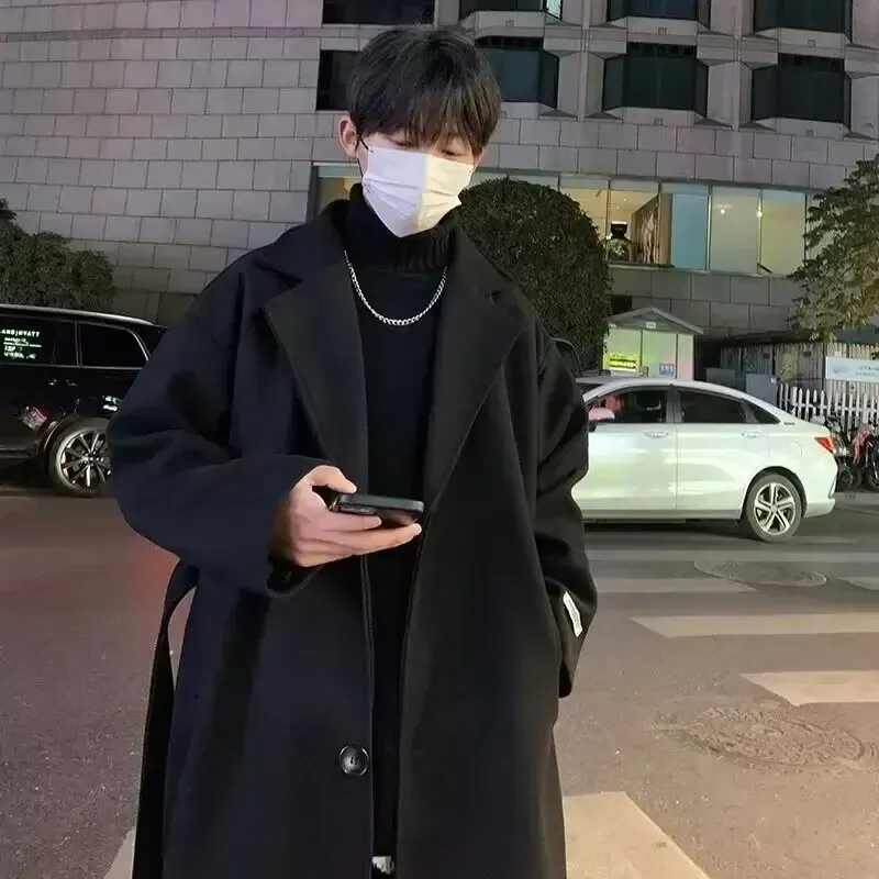 Trendy Medium-length Men's Overcoat Korean Style British Style Fall Winter Loose Fit Trench Jacket For Men