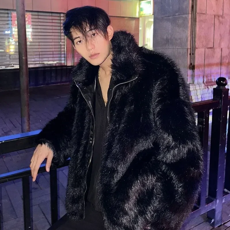Korean Fashion Faux Fox Fur Coat New Fall and Winter High Street Trend Warm Jacket Man Streetwear Hip Hop Black Faux Fur Coat