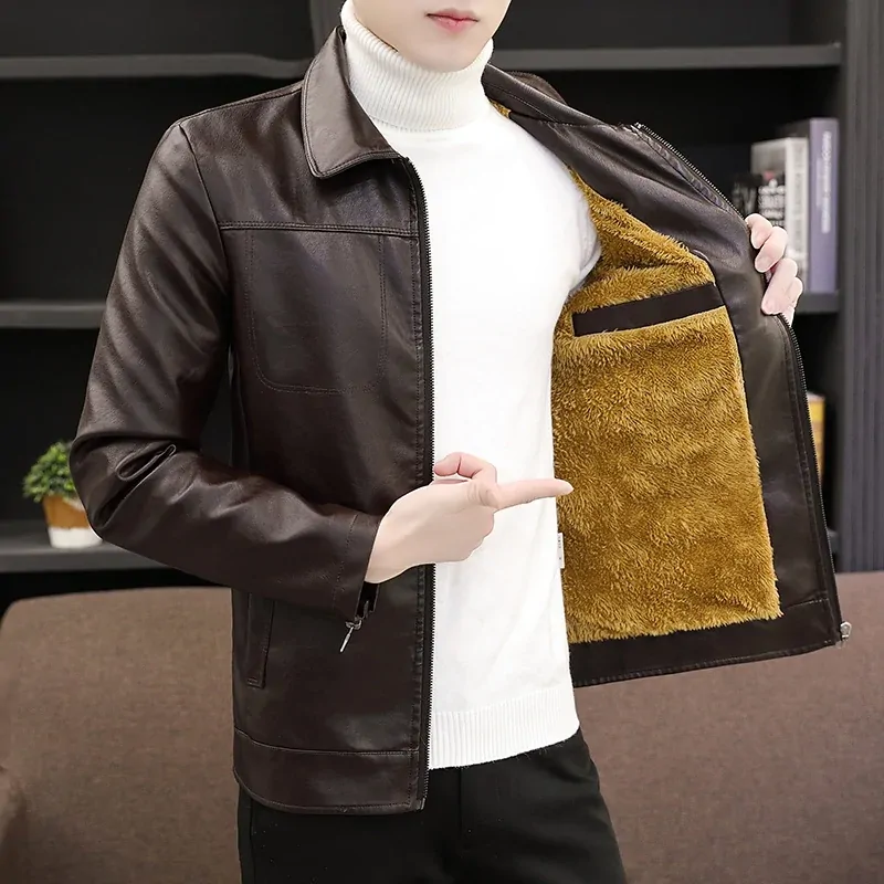 Plus velvet men's leather jacket fleece winter Thicken warm new trend motorcycle leather jacket men Fashion warm leather coat