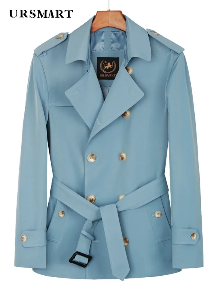 Short Trench coat men,double-breasted youth jacket 2021Spring and Autumn New fashion thin coat,sky blue Japanese windbreaker me