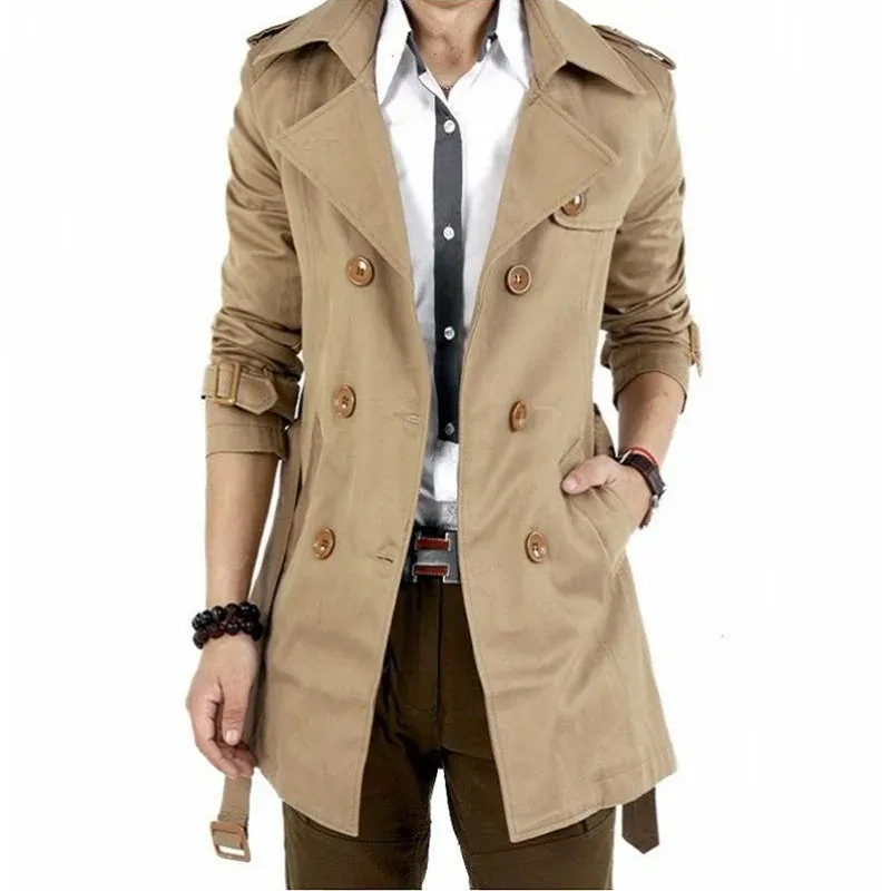 Men's Windbreaker Jacket Vintage Black Khaki Spring Autumn Business Trench Male Double Breasted Retro Classic Long Coat Men