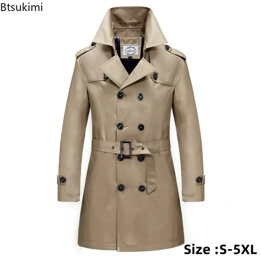 2024 Men's Long Trench Jacket Coats Spring Autumn British Style Business Office Trench Men's Solid Slim Double Breasted Jacket