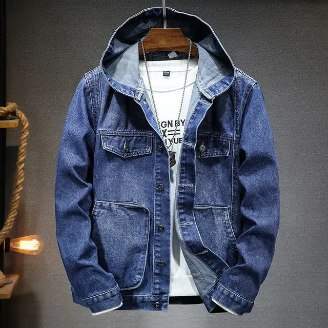 Hooded Denim Jacket Mens Trendy Youth Windproof Fit Large Pocket Coats New Arrival All-match Men Clothing Hot Sale - Blue, XXXL77.5-85kg