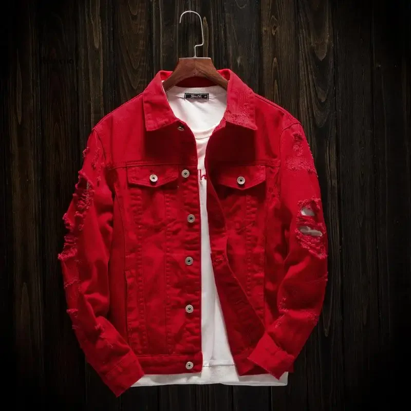 New Men's Jean Jacket Slim Fit Cotton Denim Jacket Red White Black Ripped Hole Jean Coats Men Outerwear Streetwear