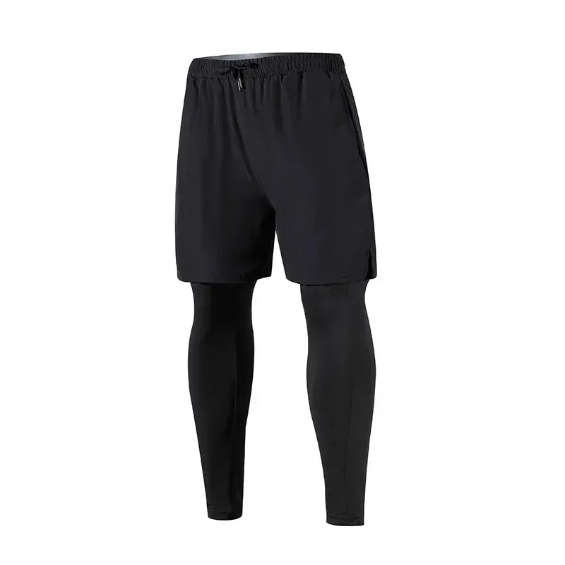 Trendy Men's Two-piece Illusion Compression Fitness Running Long Trousers Quick-dry Double Layer Basketball Trousers
