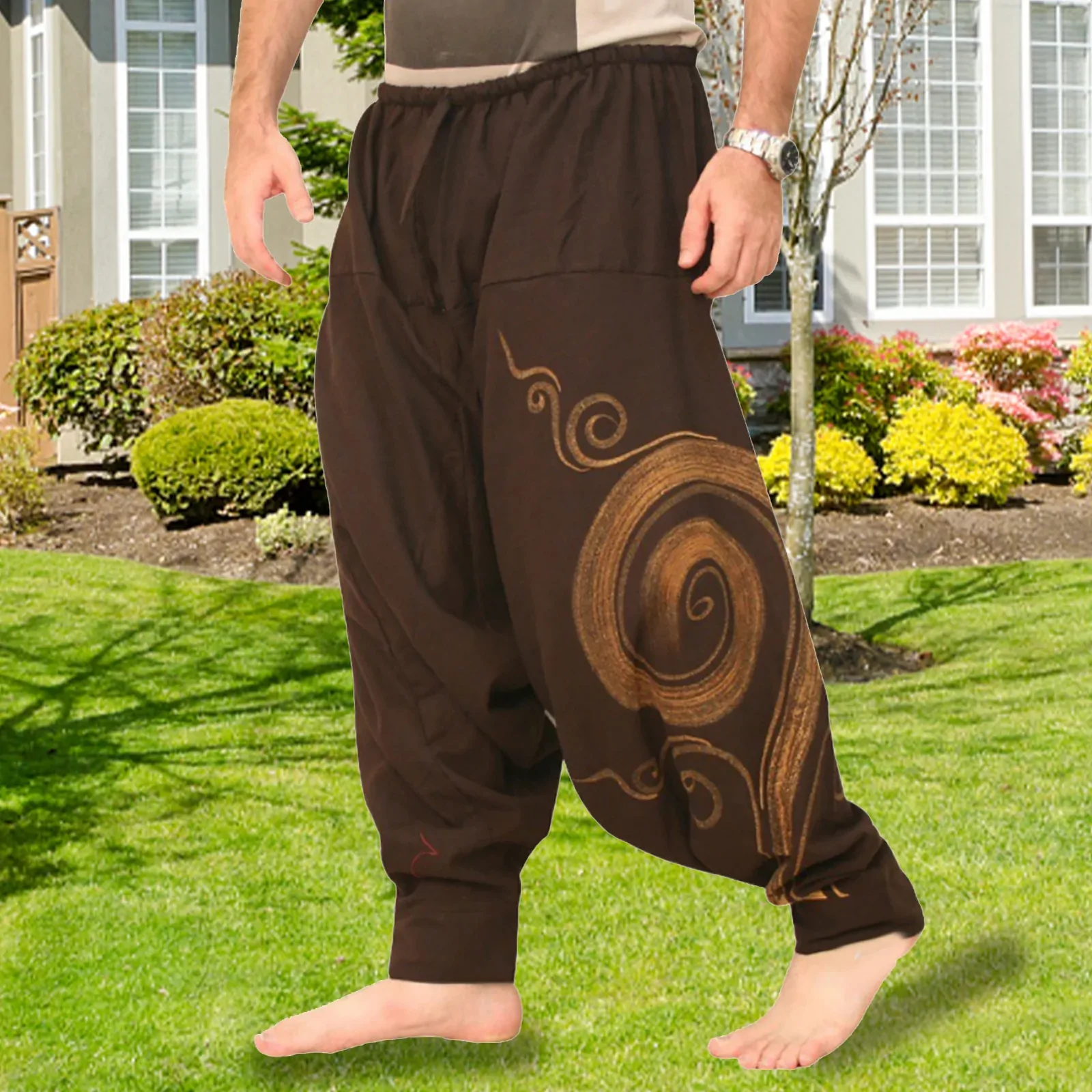 Men Casual Harem Pants Sports Pants Gym Trousers Summer Yoga Baggy Hippie Spiral Print Trousers Sports Pants Training