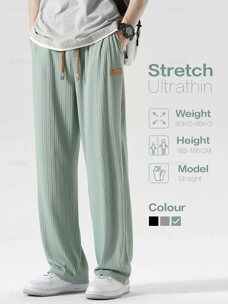 Summer Striped Pattern Breathable Pendant Casual Pants Men Thin Loose Straight Wide Leg Elastic Waist Jogger Trousers Streetwear