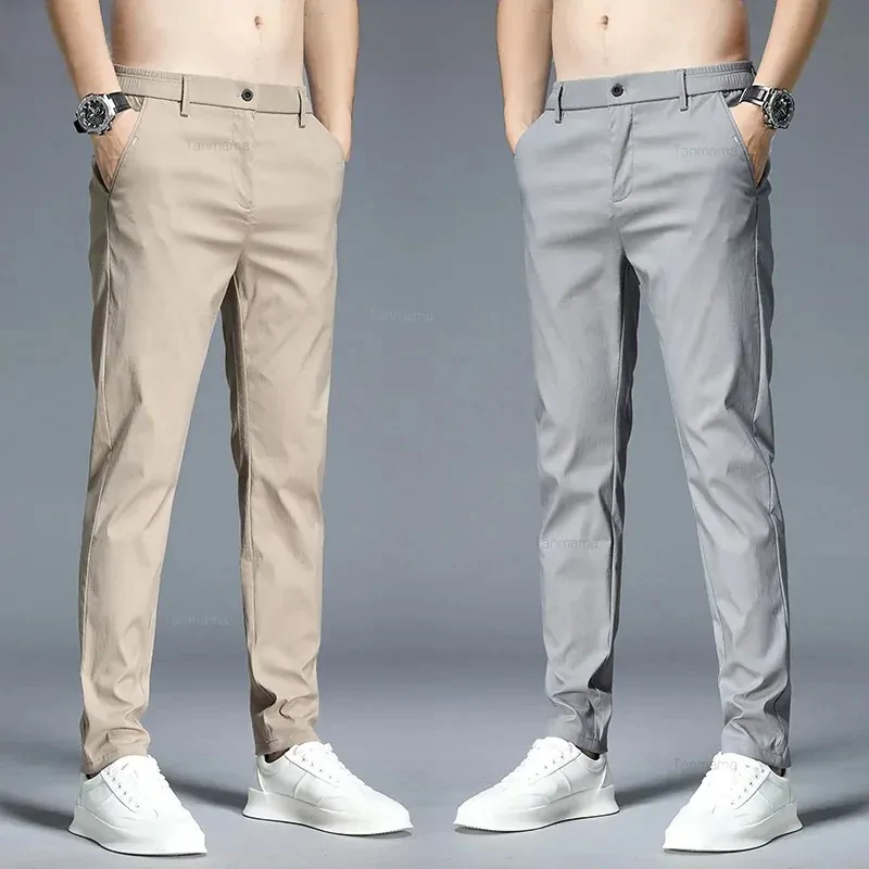 Summer Ultra-thin Men's Casual trousers Slim Straight Elastic Ice Silk Sports Jogging Pants Fashion Korean Black Khaki Green