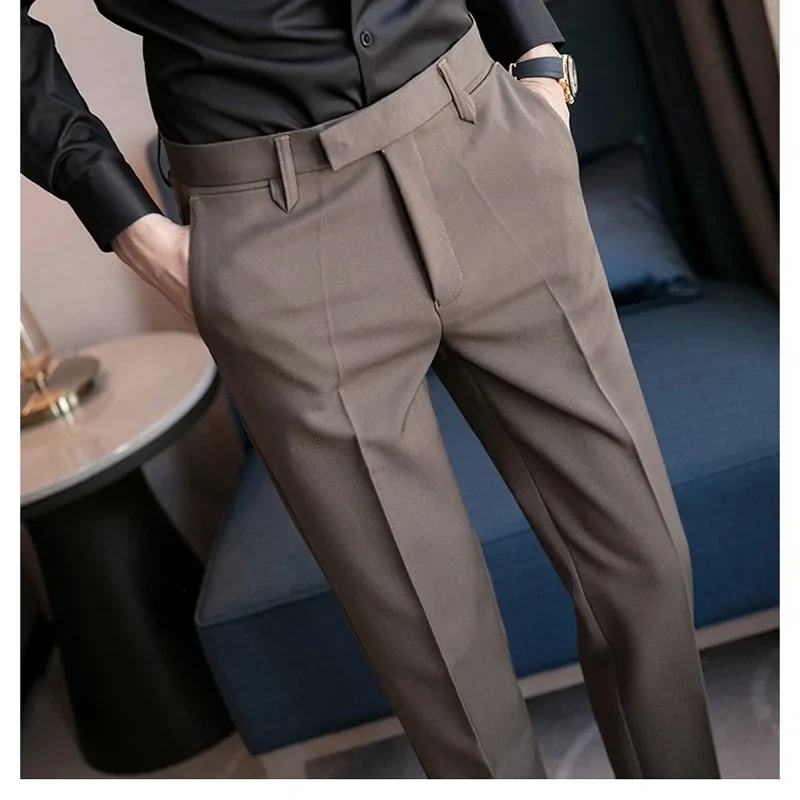 England Style Mens Suit Pants Premium Solid Color Business Casual Trousers 2024 Spring Summer Slim Fit Pencil Pants Streetwear