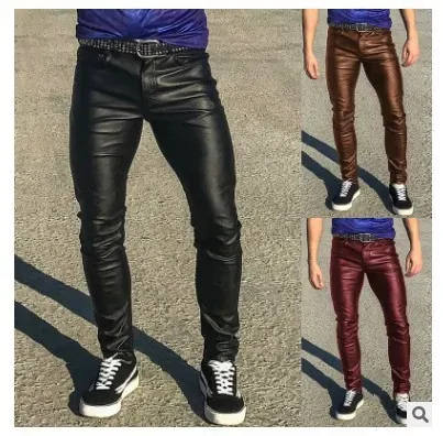 Explosive men's punk vintage gothic leather pants PU casual leather pants low rise personality leather pants men