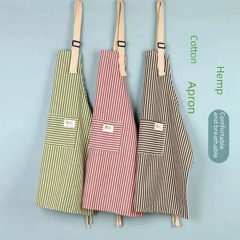 Fashionable Cotton Linen Striped Apron For Household Kitchen Restaurant Work Breathable Comfortable Waist Apron