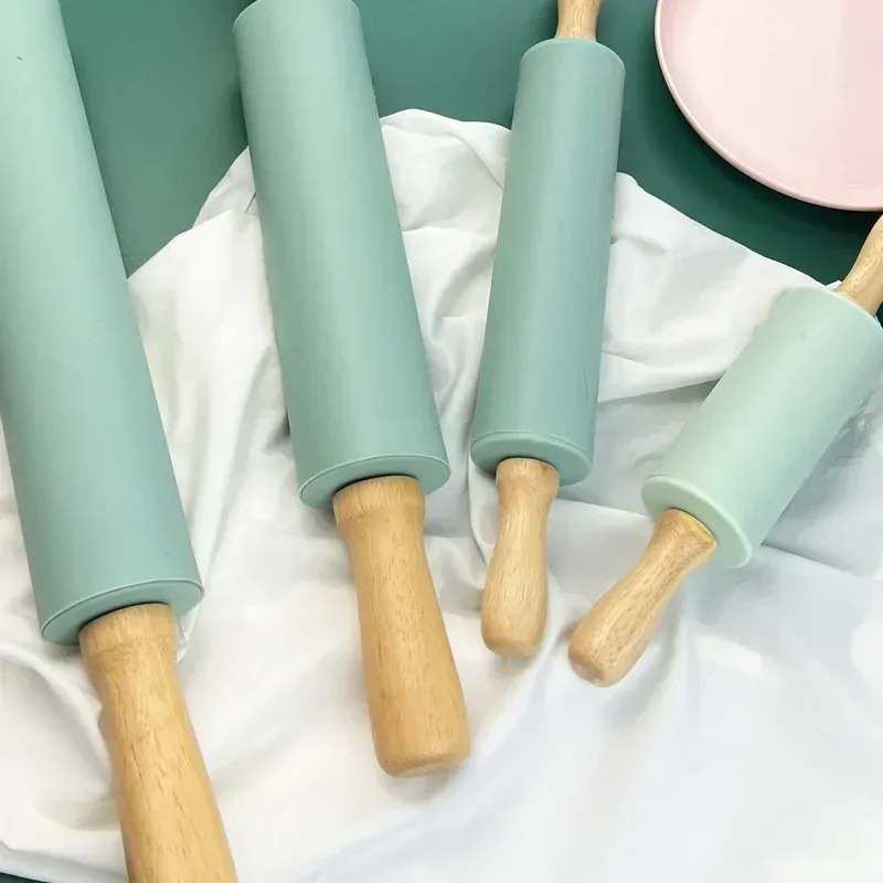 Wooden Handle Silicone Rolling Pin Non-stick Fondant Pastry Dough Roller Kitchen Biscuit Cupcake Pasta Baking Tools