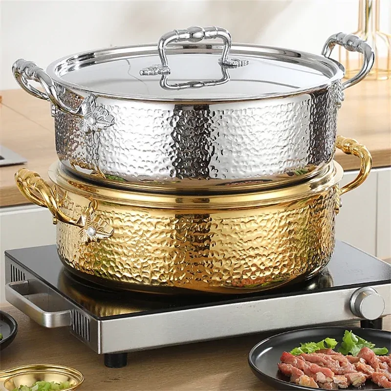 304 stainless steel hotpot Italian manual hammer printing pot 3-layer steel clear soup pot Commercial double flavor hotpot