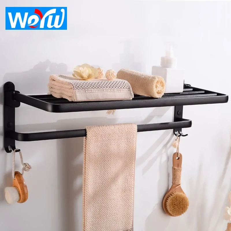Towel Rack Bathroom Towel Holder With Hooks Aluminum Black Towel Bar Holder Wall Mounted Bathroom Shelf Shower Corner Organizer