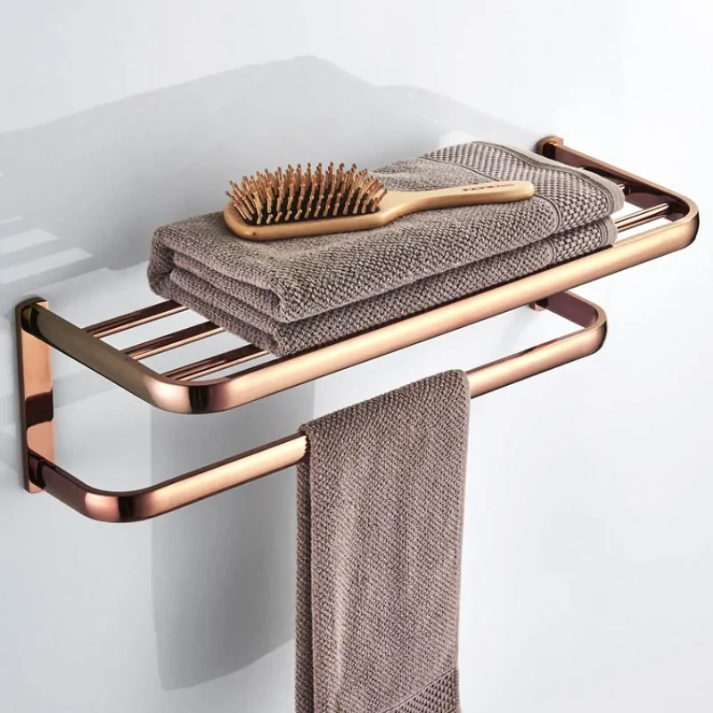 Modern Luxury Design Brass Electroplating Rose Gold Towel Rack Punch Installation Bathroom Decorative Accessorie Bath Towel Rack