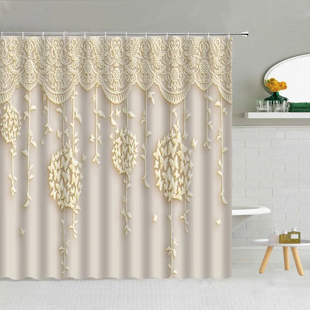 3D Embossed Flower Geometry Shower Curtain Vine Leaves Butterfly European Luxury Waterproof Bathroom Art Decor Hooks Curtains