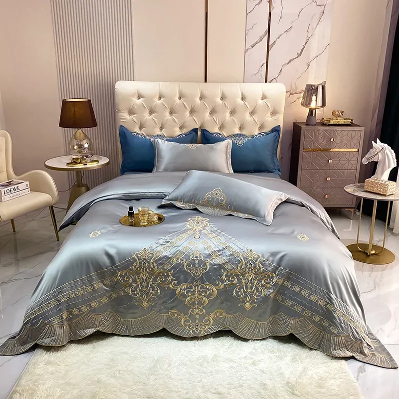 Jacquard Weave Cotton 6 Piece Queen Duvet Cover Gold Color Silk Floss Bed Sheet Sleeping In Nude King Summer Bedding Set Sets