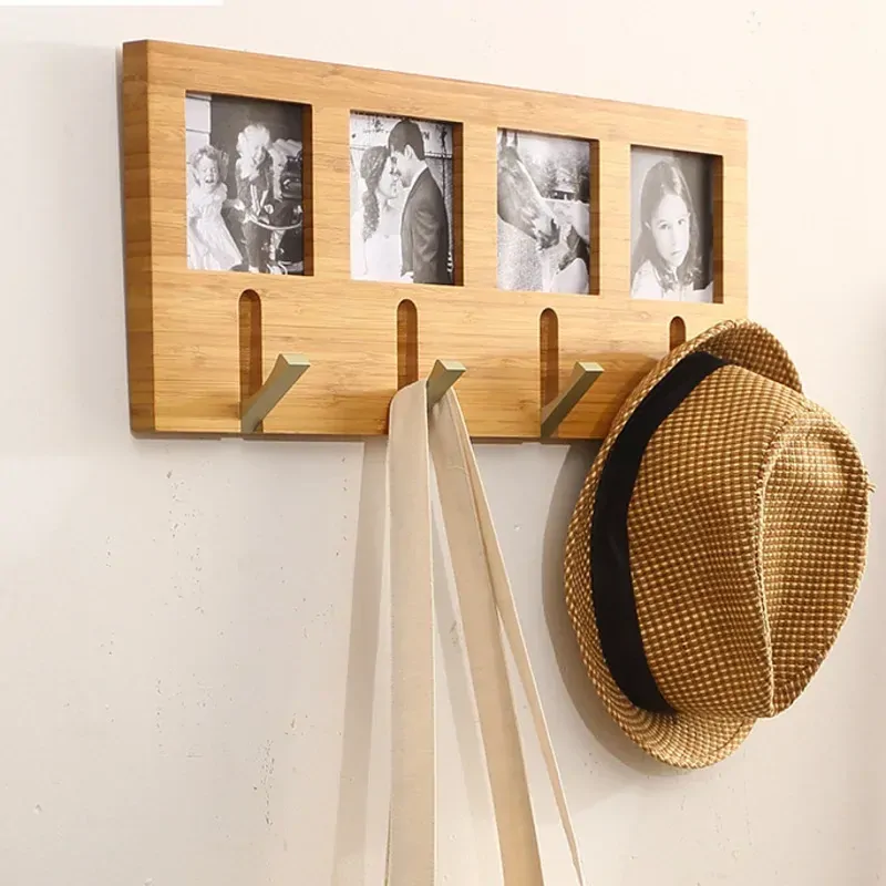 Natural Bamboo Wall Hooks Creative Coat Rack with Photo Frame Stable LoadBearing Versatile Hangers for Home Decor