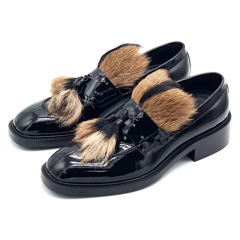 Hot Fringe Black Men Shoes Slip on Genuine Leather Square toe Casual Shoes Men's Shoes High Quality iShoes for men