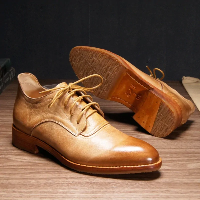 Men Classic Handmade Leather Shoes with Vegetable Tanned Goodyear welted Cowhide Sole Business Derby Formal Dress Shoes