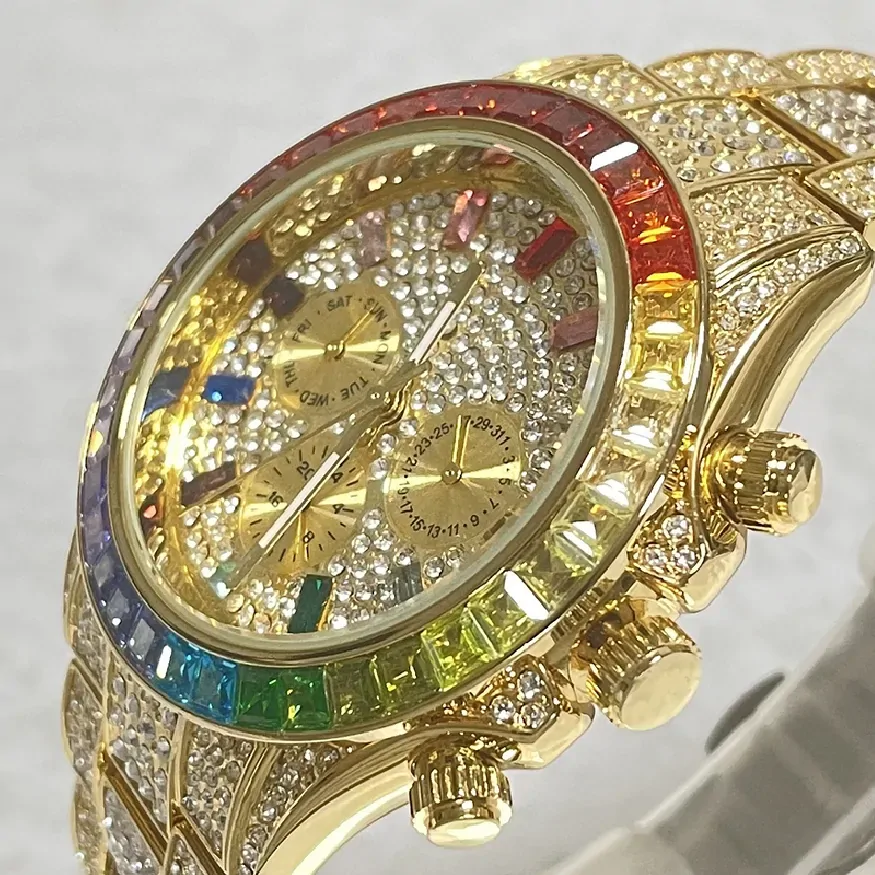 Luxury Brand New Gold Hip Hop Watches Men Fashion Rainbow Moissanite Waterproof Smart Watch Full Steel Sports Clocks Male