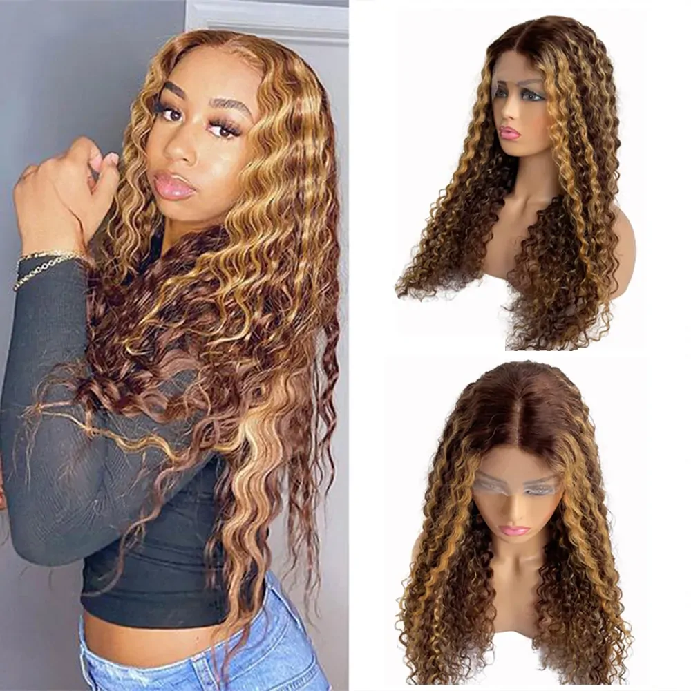 Highlights Lace Front Wig Human Hair Deep Wave Human Hair Wigs Pre Plucked Brazilian 13x4 Deep Curly Lace Front Wigs for Women