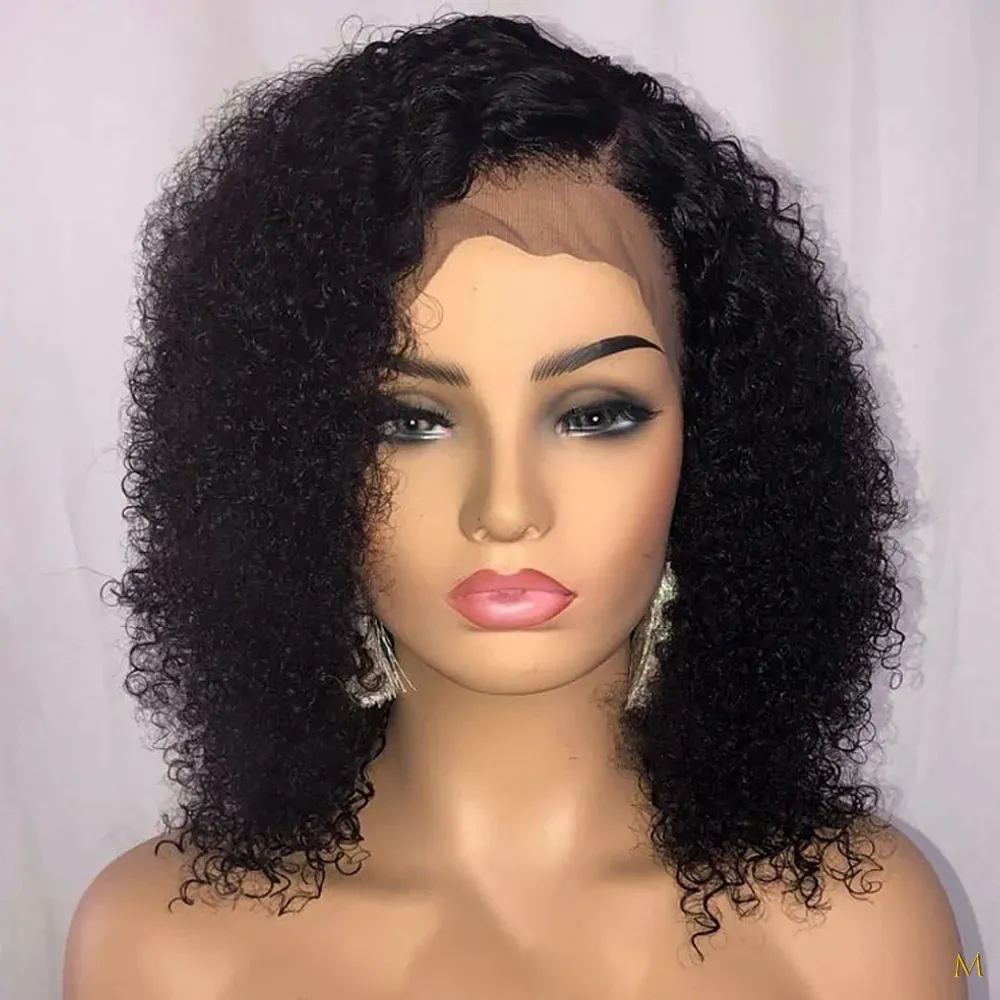 SHEENREAL Side Part Kinky Curly Wig Preplucked Mongolian Remy Short Bob Human Hair Lace Front Wigs 13x4 Women Transparent 180%