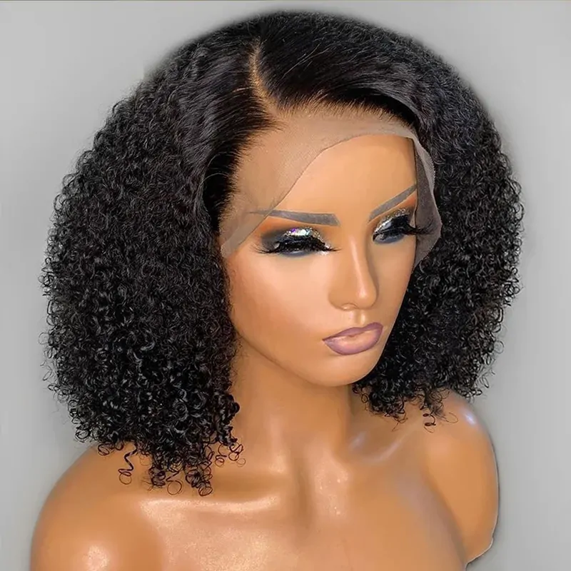 Side Part 250 Density Afro Kinky Curly Wig Bob Human Hair 13x4 Lace Front Wigs Women Brazilian Remy Transparent Lace Wig Natural