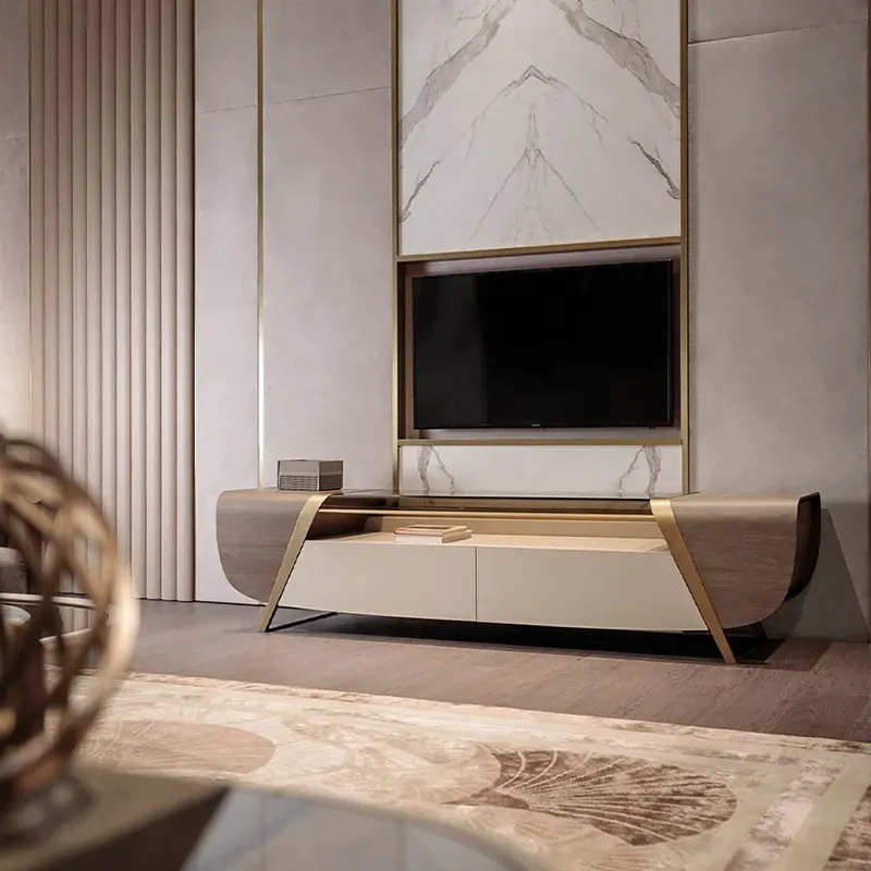 European TV cabinet TV cabinet reproduction Italian villa living room designer real leather imported solid wood stainless steel