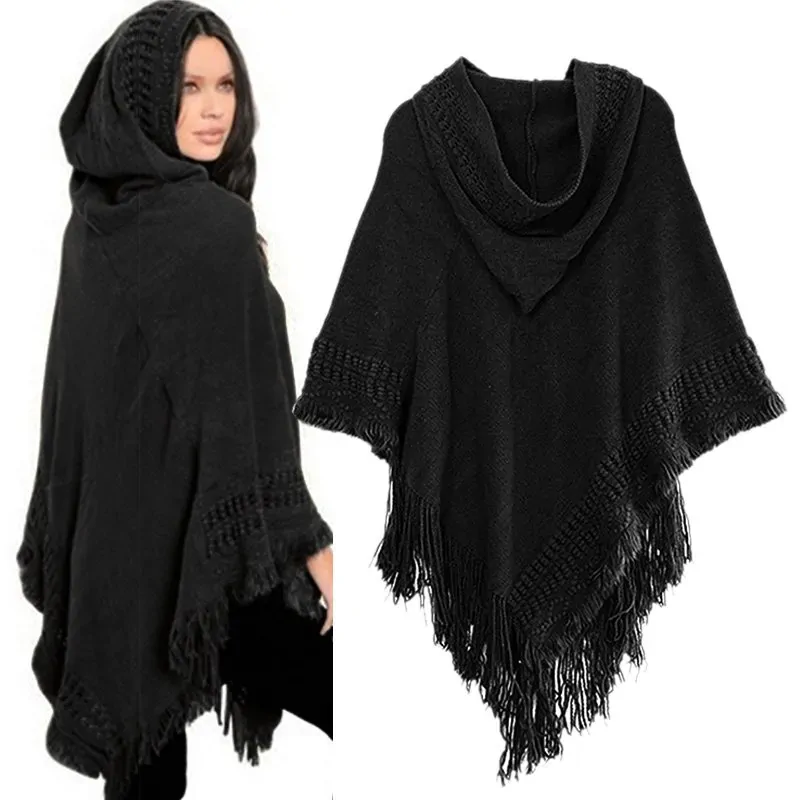 Women Cloak Hooded Sweaters Knit Batwing Top Poncho With Hood Cape Coat Tassel Sweater Outwear Leasure Style Clothes