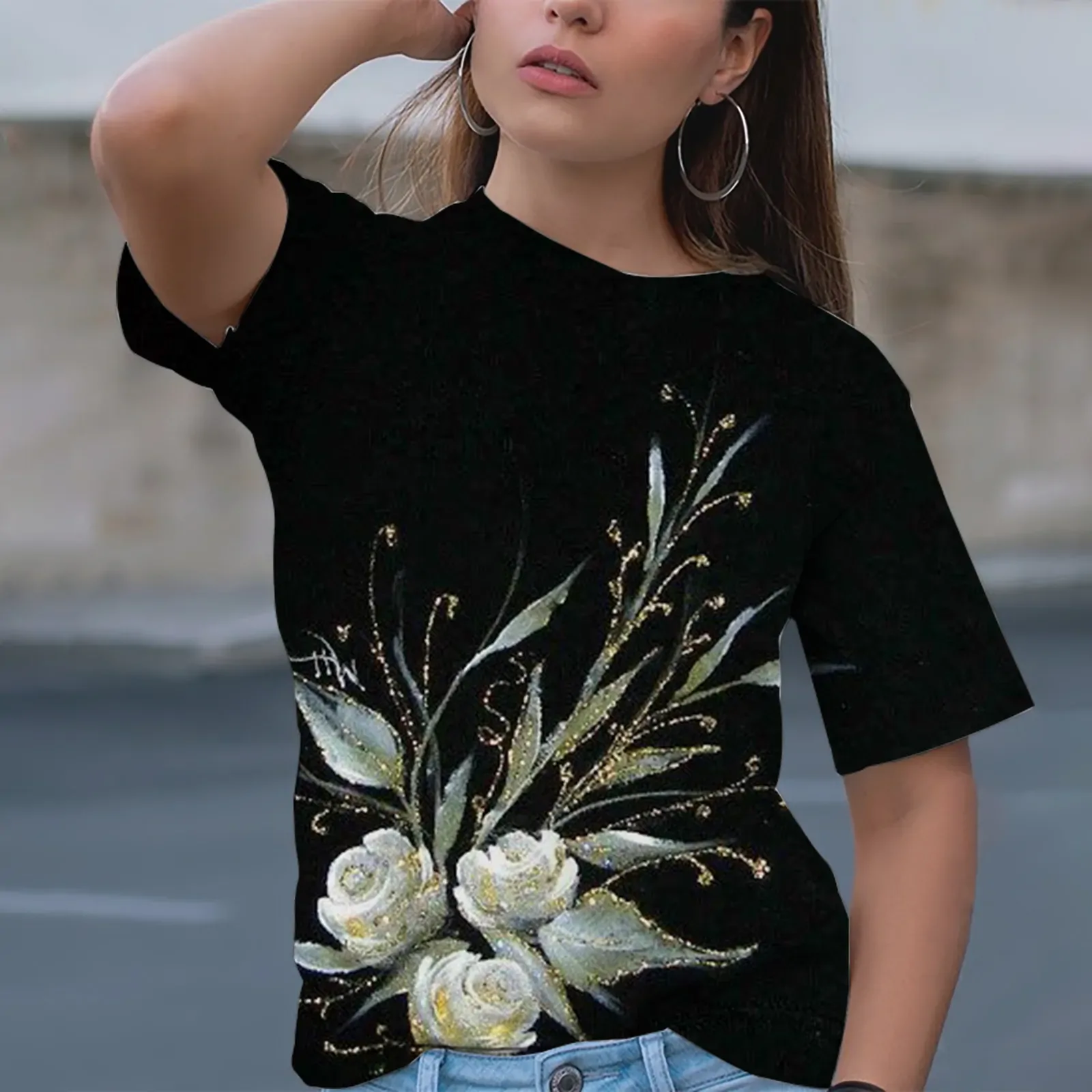 Summer printed women's round neck casual Sweatshirt new Harajuku clothes loose breathable short sleeved women's fashion top