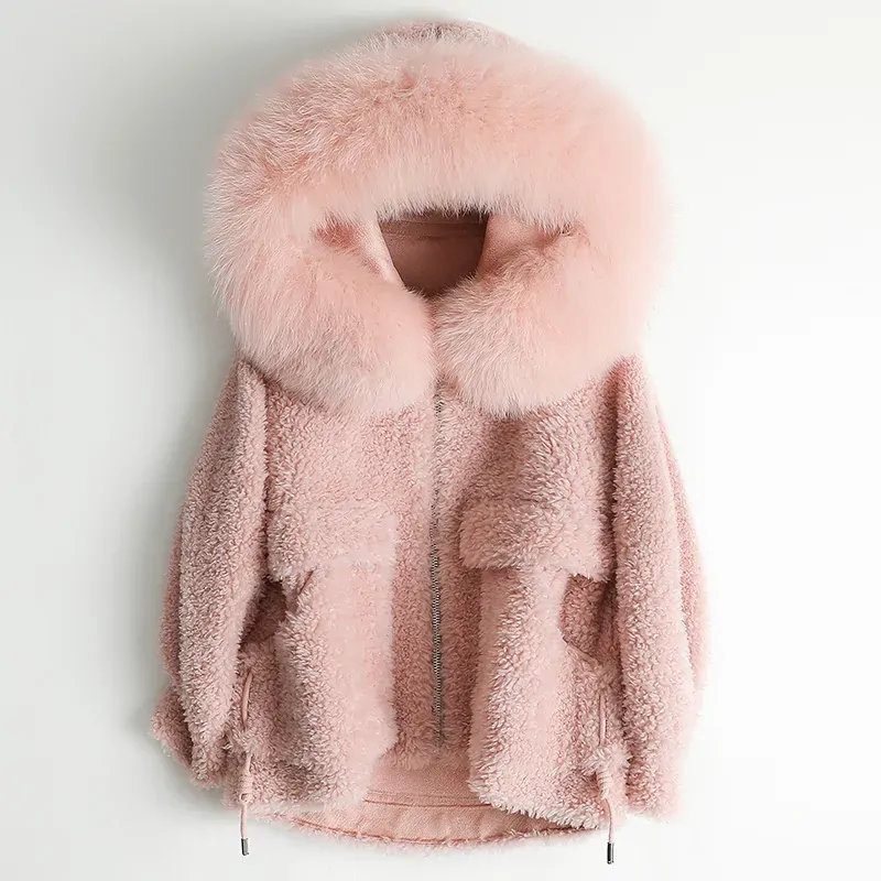 Female Coat Real Fur Winter Natural Fox Fur Hooded Jacket Women Clothes Korean Sheep Shearing Coats Pink Wool Fur Tops 968