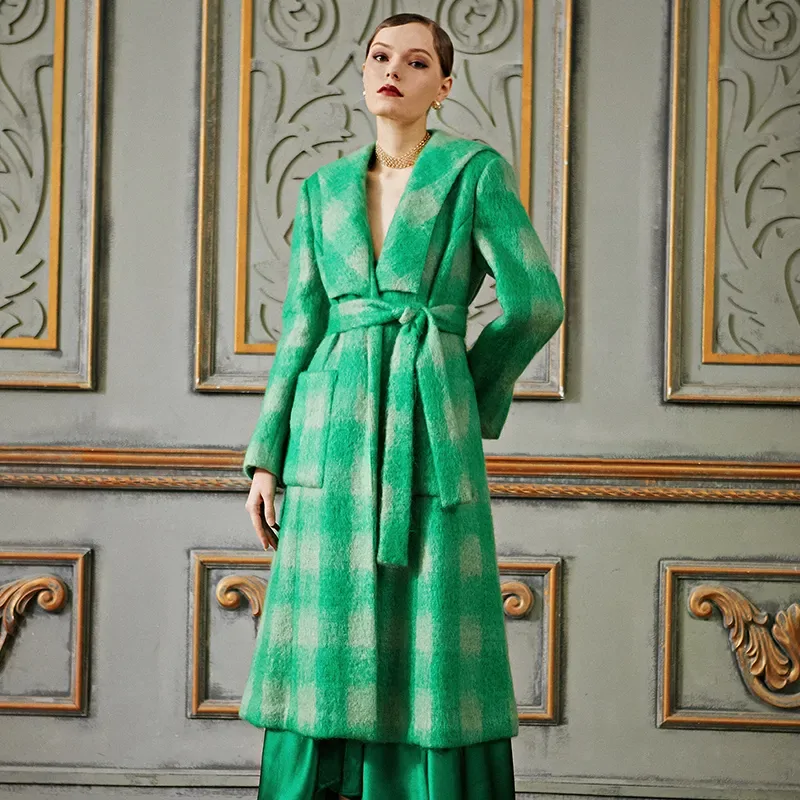 Women's Fur Coat 2223 Trend Natural Fur Long Mohair Green Plaid Outerwear Jackets Trench Coats New In Outdoor Clothes Clothing