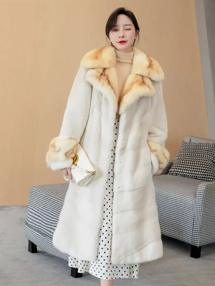 Winter Import Velvet Mink Fur Coats Women Whole Fur Long Overcoats Turn-Down Collar Full Sleeve Plaid Outerwear Fashion Clothes