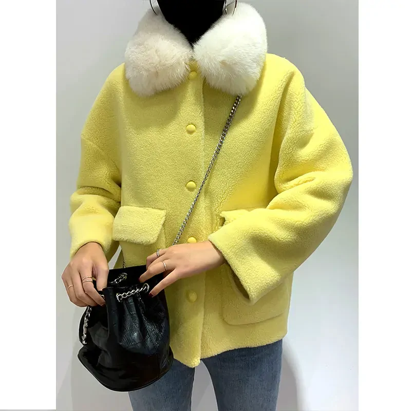Fur Coat Female Real Fox Fur Collar Wool Jacket Autumn Winter Coat Women Clothes 2020 Korean Vintage Sheep Shearling Tops ZT4295