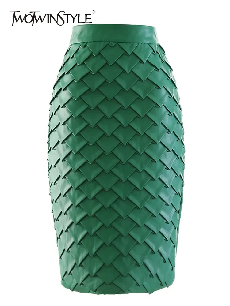TWOTWINSTYLE Vintage Knitted Midi Skirt For Women High Waist A Line Patchwork Solid PU Leather Skirts Female Y2k Clothes Fashion