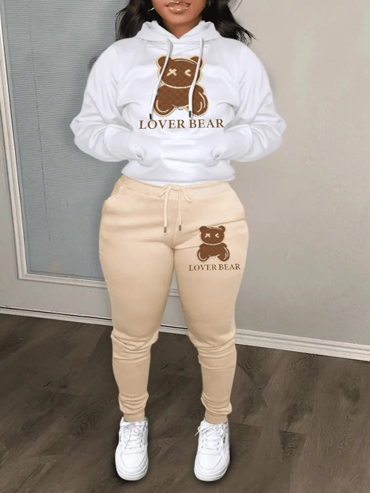 LW Lovely Bear Letter Print Kangaroo Pocket Tracksuit Set Long Sleeve Hoodie Drawstring Trousers Women Two Pieces Matching Suits