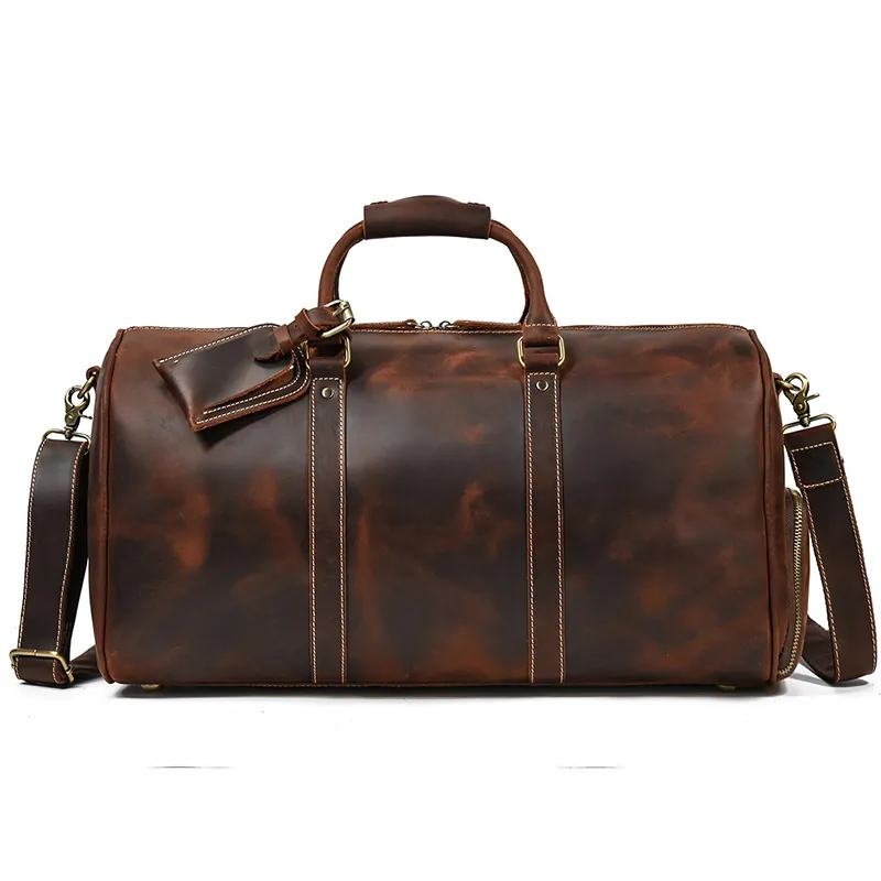 Retro Travel Bag Men Genuine Leather Duffe Bag 20 Inch Large Capacity Handbag Fitness Bag with Shoe Position Luggage Handbags