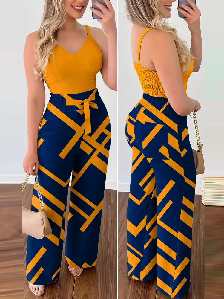 Shirred Cami Top & Geometric Print High Waist Pants Set